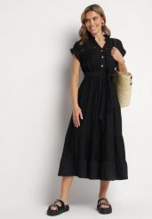Czarna Wiskozowa Sukienka o Rozkloszowanym Kroju z Wiązanym Paskiem Jaselna. Czarne sukienki damskie Born2be, na co dzień, na lato, m, bez wzorów, ze skóry, eleganckie, bez kołnierzyka, bez ramiączek, midi, rozkloszowane. Za 129.99 zł.