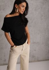 Czarny T-shirt z Bawełny z Dekoltem Łódką i Drapowaniem w Pasie Savalira. Czarne t-shirty damskie Renee, m, bez wzorów, z bawełny, klasyczne, bez kołnierzyka, bez ramiączek. Za 54.99 zł.