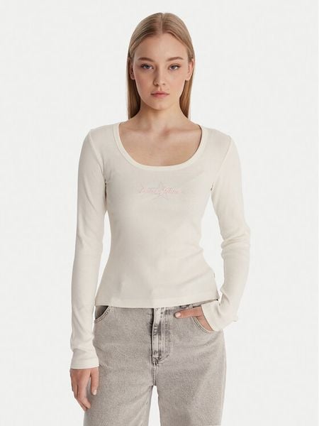 Guess Jeans Bluzka W6RP24 KA0H1 Écru Slim Fit. Bluzki damskie Guess Jeans, xxl, z aplikacjami, z bawełny, bez kołnierzyka, bez ramiączek. Za 199.99 zł.