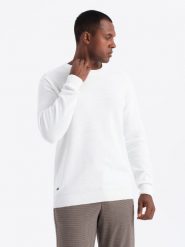 Sweter męski RELAXED FIT z dzianiny o diamentowym splocie złamana biel V1 OM-SWSW-0110 XL. Swetry męskie Ombre, m, bez wzorów, z dzianiny, bez kołnierzyka, bez ramiączek. Za 105.88 zł.