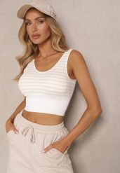 Biało-Beżowy Tank Top z Prążkowanego Materiału w Print w Paski Sesarila. Brązowe topy damskie Renee, s, bez wzorów, z jeansu, eleganckie, bez kołnierzyka, bez ramiączek. Za 24.99 zł.