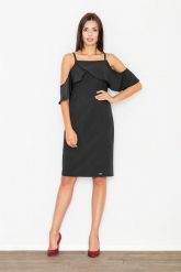 Elegancka Czarna Sukienka Mini z Falbanką przy Dekolcie. Czarne sukienki damskie Figl, na imprezę, l, bez wzorów, z materiału, eleganckie, bez kołnierzyka, bez ramiączek, mini. Za 269.00 zł.
