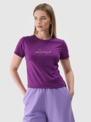 4F T-shirt slim z nadrukiem damski - fioletowy XS. Fioletowe t-shirty damskie 4F, xs, bez wzorów, z dzianiny, klasyczne, bez kołnierzyka, bez ramiączek. Za 29.99 zł.