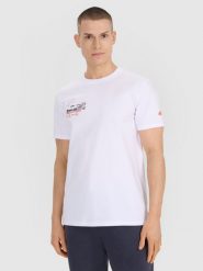 4F T-shirt regular z nadrukiem męski - biały XXL. Białe t-shirty męskie 4F, m, bez wzorów, z bawełny, bez kołnierzyka, bez ramiączek. Za 49.99 zł.
