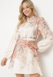 Beżowa Kwiatowa Rozkloszowana Sukienka Ozdobiona Paskiem Nolavia. Brązowe sukienki damskie Born2be, na co dzień, m, bez wzorów, eleganckie, bez kołnierzyka, bez ramiączek, mini, proste. Za 169.99 zł.