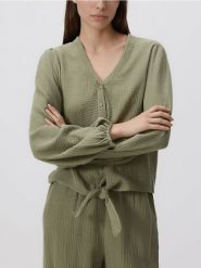 Muślinowa koszula z wiązaniem - oliwkowy. Zielone koszule damskie Reserved, l, bez wzorów, bez kołnierzyka, bez ramiączek. Za 89.99 zł.