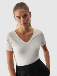 4F T-shirt slim gładki damski - biały XL. Białe t-shirty damskie 4F, xl, bez wzorów, z bawełny, klasyczne, bez kołnierzyka, bez ramiączek. Za 29.99 zł.