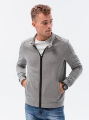 Bluza męska rozpinana ze stójką - szary melanż V6 OM-SSZP-22FW-005 - S. Szare bluzy męskie Ombre Clothing, m, bez wzorów, z bawełny, bez ramiączek, bez kaptura. W wyprzedaży za 59.99 zł.