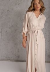 Jasnobeżowa Koszulowa Sukienka Utility z Bawełny z Wiązanym Paskiem w Talii Retona. Brązowe sukienki damskie Renee, na co dzień, l, bez wzorów, z bawełny, boho, bez kołnierzyka, bez ramiączek, maxi, koszulowe. Za 159.99 zł.