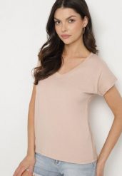 Beżowy Bawełniany T-shirt z Trójkątnym Dekoltem Linarosea. Brązowe t-shirty damskie Born2be, uniwersalny, bez wzorów, z bawełny, bez kołnierzyka, bez ramiączek. Za 39.99 zł.