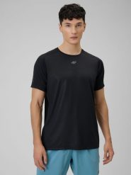 4F Koszulka treningowa regular szybkoschnąca męska - czarna M. Czarne koszulki sportowe męskie 4F, m, bez wzorów, ze skóry, bez kołnierzyka, bez ramiączek. Za 129.99 zł.