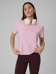 4F T-shirt boxy z nadrukiem damski - różowy L. Czerwone t-shirty damskie 4F, l, bez wzorów, z jeansu, bez kołnierzyka, bez ramiączek. Za 59.99 zł.