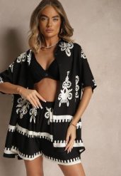 Czarny Komplet z Rustykalnym Wzorem z Szortami i Koszulą Tosnea. Czarne koszule damskie Renee, m, bez wzorów, eleganckie, bez kołnierzyka, bez ramiączek. Za 84.99 zł.