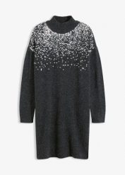Sukienka dzianinowa z aplikacją z cekinów. Szare sukienki damskie bonprix, z aplikacjami, z dzianiny, bez kołnierzyka, bez ramiączek, mini. Za 134.99 zł.