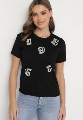 Czarny T-shirt Ozdobiony Naszywkami Perełkami i Cyrkoniami Karavia. Czarne t-shirty damskie Born2be, uniwersalny, z aplikacjami, z jeansu, bez kołnierzyka, bez ramiączek. Za 109.99 zł.