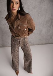 Panterkowe Jeansy Wide Leg High Waist z Bawełny Saliritia. Białe jeansy damskie Renee, bez wzorów, z bawełny, klasyczne, z podwyższonym stanem. Za 129.99 zł.