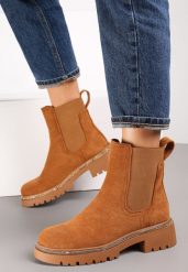 Brązowe Botki Sztyblety z Lamówką z Cyrkonii Mefile. Brązowe botki damskie Renee, bez wzorów, z jeansu, eleganckie, bez obcasa, na obcasie, bez zapięcia. Za 169.99 zł.