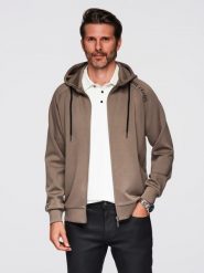Męska bluza rozpinana ze stójką i kapturem – szarobrązowa V3 - Rozmiar: L. Brązowe bluzy sportowe męskie Ombre Clothing, l, bez wzorów, z dzianiny. Za 229.99 zł.