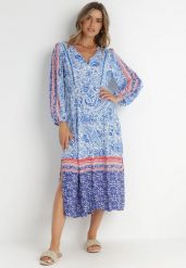 Niebieska Sukienka Panithoe. Niebieskie sukienki damskie Born2be, l, z aplikacjami, klasyczne, bez kołnierzyka, bez ramiączek, midi, rozkloszowane. Za 109.99 zł.
