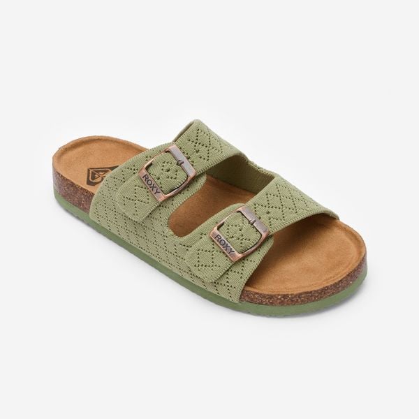 Klapki damskie Roxy Manou. Brązowe klapki damskie Roxy, na lato, bez wzorów, z materiału, eleganckie, bez obcasa, na płaskiej podeszwie, bez zapięcia. Za 179.99 zł.