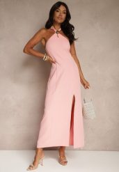 Różowa Sukienka z Wiskozą z Dekoltem Halter i Ozdobną Broszką Naliannae. Czerwone sukienki damskie Renee, na imprezę, l, bez wzorów, z wiskozy, eleganckie, bez kołnierzyka, bez ramiączek, maxi. Za 89.99 zł.