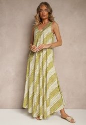 Zielona Rozkloszowana Sukienka z Geometrycznym Wzorem Lumire. Zielone sukienki damskie Renee, na spotkanie biznesowe, xl, z aplikacjami, eleganckie, bez kołnierzyka, bez ramiączek, maxi, rozkloszowane. Za 49.99 zł.