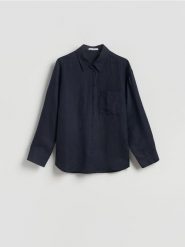 Koszula z lnem - granatowy. Niebieskie koszule damskie Reserved, l, bez wzorów, z tkaniny, bez kołnierzyka, bez ramiączek. Za 119.99 zł.