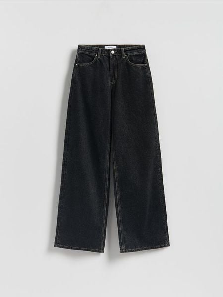 Jeansy wide leg z wysokim stanem - szary. Szare jeansy damskie Reserved, bez wzorów, z bawełny, z podwyższonym stanem. W wyprzedaży za 79.99 zł.