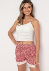 Różowe Luźne Wiskozowe Szorty w Kwiaty z Gumką i Sznurkami w Pasie Ozdobione Chwostami Vimallena. Czerwone szorty damskie Born2be, bez wzorów, z wiskozy, eleganckie. Za 29.99 zł.