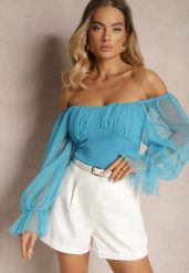 Niebieska Bluzka Hiszpanka z Transparentnymi Rękawami Lavcie. Niebieskie bluzki damskie Renee, m, bez wzorów, z tiulu, bez kołnierzyka, bez ramiączek. Za 44.99 zł.