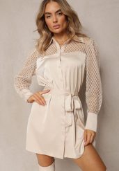 Jasnobeżowa Mini Sukienka o Koszulowym Fasonie z Materiałowym Paskiem i Siateczką Idanes. Brązowe sukienki damskie Renee, na jesień, bez wzorów, z materiału, eleganckie, bez kołnierzyka, bez ramiączek, mini, koszulowe. Za 109.99 zł.