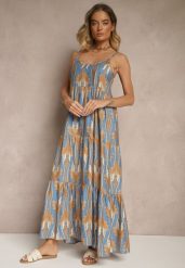 Niebiesko-Beżowa Sukienka w Stylu Boho z Cienkimi Regulowanymi Ramiączkami Tosena. Niebieskie sukienki damskie Renee, na co dzień, na lato, l, bez wzorów, boho, bez kołnierzyka, bez ramiączek, maxi. Za 69.99 zł.
