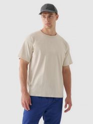 4F T-shirt oversize gładki męski - beżowy M. Brązowe t-shirty męskie 4F, m, bez wzorów, z bawełny, bez kołnierzyka, bez ramiączek. W wyprzedaży za 29.99 zł.