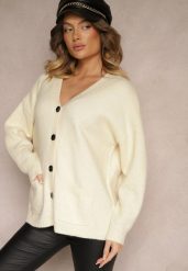 Jasnobeżowy Casualowy Kardigan z Wełną na Guziki Floradi. Brązowe kardigany damskie Renee, uniwersalny, bez wzorów, z jeansu, eleganckie, bez kołnierzyka. Za 159.99 zł.