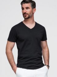 Męski sygnowany t-shirt V-neck z elastanem – czarny V3 - Rozmiar: M. Czarne t-shirty męskie Ombre Clothing, m, bez wzorów, z bawełny, bez kołnierzyka, bez ramiączek. W wyprzedaży za 52.50 zł.