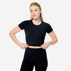 Koszulka do jogi i pilatesu Breathe. Czarne bluzki damskie DOMYOS, xs, bez wzorów, z elastanu, sportowe, bez kołnierzyka, bez ramiączek. Za 69.99 zł.