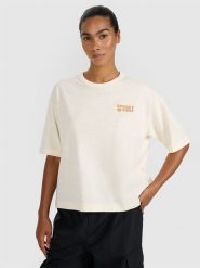 4F T-shirt oversize z nadrukiem damski - beżowy L. Brązowe t-shirty damskie 4F, l, bez wzorów, z bawełny, klasyczne, bez kołnierzyka, bez ramiączek. W wyprzedaży za 39.99 zł.