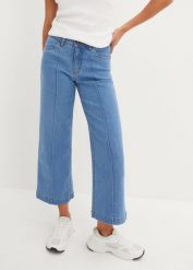 Dżinsy Wide Leg, mid waist, cropped. Niebieskie jeansy damskie bonprix, bez wzorów, z jeansu. Za 97.99 zł.