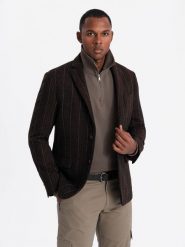 Męska elegancka marynarka w kratkę z domieszką wełny – ciemnobrązowa V3 OM-BLZB-0137 - XXL. Szare garnitury męskie Ombre Clothing, na lato, l, bez wzorów, z materiału, eleganckie. Za 251.99 zł.