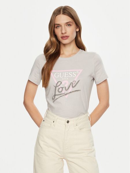 Guess T-Shirt W5RI10 I3Z14 Szary Regular Fit. Szare t-shirty damskie Guess, s, z aplikacjami, z bawełny, bez kołnierzyka, bez ramiączek. Za 139.99 zł.