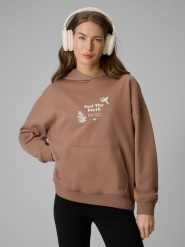 4F Bluza dresowa loose z kapturem damska - beżowa M. Brązowe bluzy damskie 4F, m, bez wzorów, z bawełny, bez ramiączek, z kapturem. Za 189.99 zł.