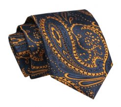 Elegancki, Klasyczny, Męski Krawat -ALTIES - Granat w Złoty, Orientalny Wzór. Niebieskie krawaty i muchy Alties, bez wzorów, z tkaniny, eleganckie. Za 49.00 zł.