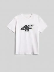 4F T-shirt regular z nadrukiem męski - biały XL. Białe koszulki sportowe męskie 4F, m, bez wzorów, z bawełny, bez kołnierzyka, bez ramiączek. Za 59.99 zł.