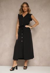 Czarna Sukienka z Paskiem Koszulowa o Rozkloszowanym Fasonie Mavoselle. Czarne sukienki damskie Renee, na co dzień, m, bez wzorów, z jeansu, eleganckie, bez kołnierzyka, bez ramiączek, maxi, koszulowe. Za 119.99 zł.
