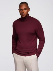 Męski jednokolorowy dzianinowy golf z wiskozą – bordowy V4 - Rozmiar: XL. Czerwone swetry męskie Ombre Clothing, m, z aplikacjami, z dzianiny, casualowe, bez kołnierzyka, bez ramiączek. W wyprzedaży za 99.99 zł.
