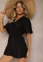 Czarny Kopertowy Kombinezon z Bawełny Wiązany w Talii Materiałowym Paskiem Vikly. Czarne sukienki damskie Renee, na co dzień, l, bez wzorów, z bawełny, eleganckie, bez kołnierzyka, bez ramiączek, kopertowe. Za 59.99 zł.