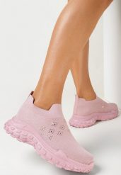 Różowe Wsuwane Buty Sportowe z Cyrkoniami na Grubej Podeszwie Adisyna. Czerwone obuwie sportowe damskie Born2be, bez wzorów, bez zapięcia. Za 64.99 zł.