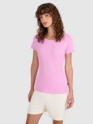 4F T-shirt regular z prążkowanej dzianiny damski - różowy L. Czerwone t-shirty damskie 4F, l, bez wzorów, z bawełny, klasyczne, bez kołnierzyka, bez ramiączek. W wyprzedaży za 39.99 zł.