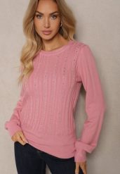 Różowy Sweter z Wiskozą Ozdobiony Cyrkoniami i Tłoczeniem Berini. Czerwone swetry nierozpinane damskie Renee, l, z aplikacjami, z jeansu, casualowe, bez kołnierzyka, bez ramiączek. Za 69.99 zł.