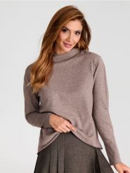 Sweter z wełną - brązowy. Brązowe swetry nierozpinane damskie Sinsay, l, bez wzorów, z materiału, klasyczne, bez kołnierzyka, bez ramiączek. Za 39.99 zł.